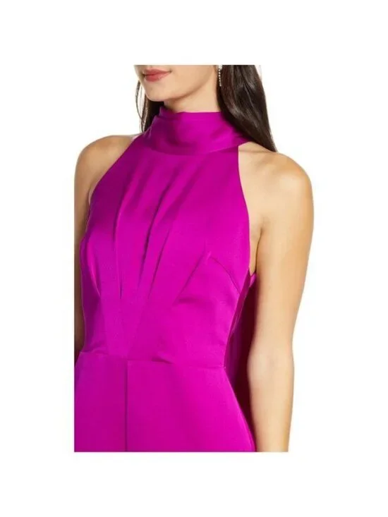 HARLYN Tie Back High Neck Satin Jumpsuit Size S Magenta Event Cocktail Wedding - Picture 2 of 11